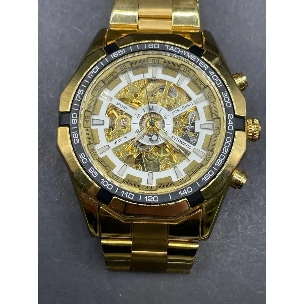 Forsining TM340 Mens Skeleton Stainless Steel Automatic Self-Winding Watch Gold